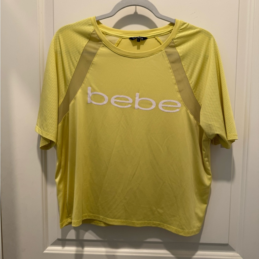 BEBE SPORT Womens Short Sleeve Sheer Mesh Top w/Cut Outs Size L Yellow